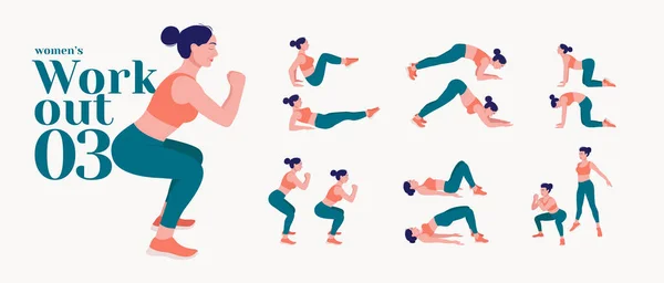 Çalışan kadınlar hazır. Kadın fitness ve yoga egzersizleri. Akciğerler, şınav, Squats, Dumbbell sıraları, Burpee tahtaları, Situp 'lar, Glute köprüsü, Leg Raise, Russian Twist, Side Crunch, Mountain Climbers.vs.