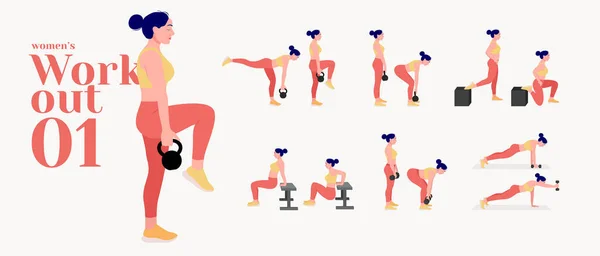 Latihan Wanita Diatur Perempuan Kebugaran Dan Latihan Yoga Lunges Pushups - Stok Vektor