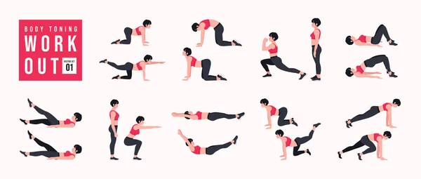 Vücut Tonlama Egzersizi. Kadınlar spor yapıyor, yoga yapıyor. Akciğerler, şınav, Squats, Dumbbell sıraları, Burpee, Side tahta, Situp, Glute köprüsü, Leg Raise, Russian Twist, Side Crunch .vs.