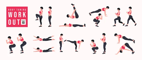 Body Toning Workout Set Vrouwen Die Fitness Yoga Oefeningen Doen — Stockvector
