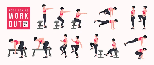 Ensemble Entraînement Tonique Pour Corps Femmes Faisant Des Exercices Fitness — Image vectorielle