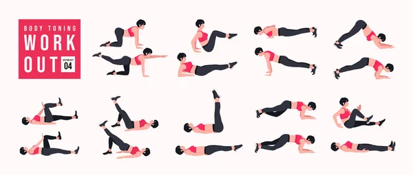 Vücut Tonlama Egzersizi. Kadınlar spor yapıyor, yoga yapıyor. Akciğerler, şınav, Squats, Dumbbell sıraları, Burpee, Side tahta, Situp, Glute köprüsü, Leg Raise, Russian Twist, Side Crunch .vs.