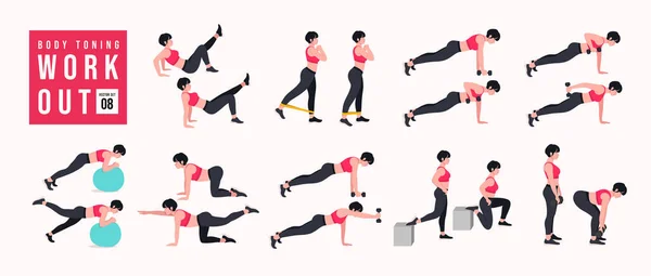 Vücut Tonlama Egzersizi. Kadınlar spor yapıyor, yoga yapıyor. Akciğerler, şınav, Squats, Dumbbell sıraları, Burpee, Side tahta, Situp, Glute köprüsü, Leg Raise, Russian Twist, Side Crunch .vs.