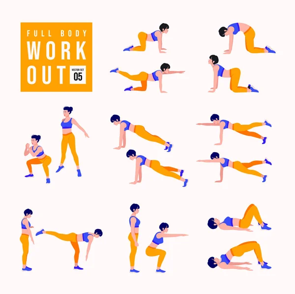 Tüm vücut çalıştırma seti. Kadınlar spor yapıyor, yoga yapıyor. Akciğerler, şınav, Squats, Dumbbell sıraları, Burpee, Side tahta, Situp, Glute köprüsü, Leg Raise, Russian Twist, Side Crunch .vs.