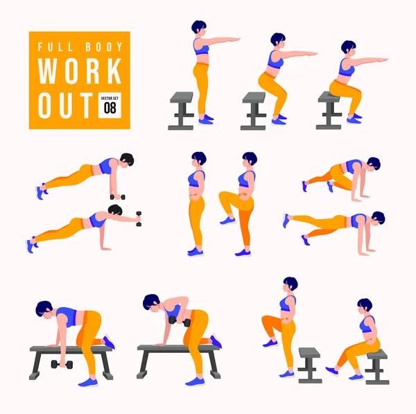 Full Body Workout Set Vrouwen Die Fitness Yoga Oefeningen Doen — Stockvector
