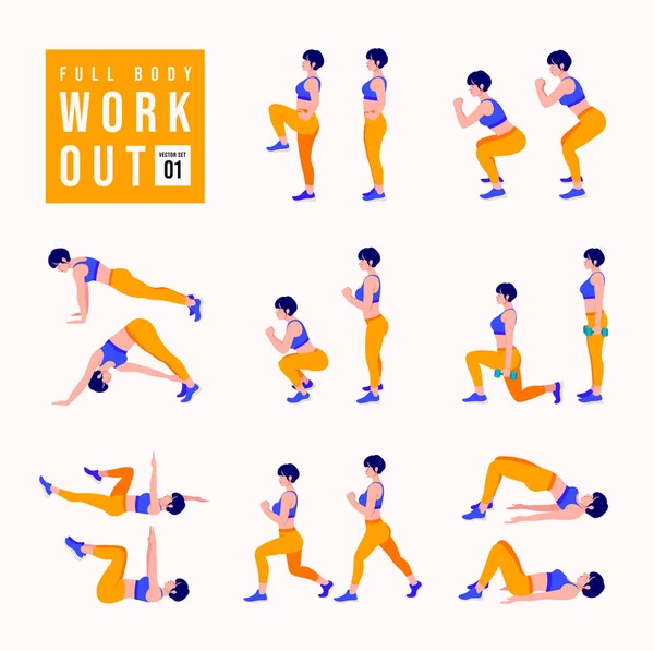 Tüm vücut çalıştırma seti. Kadınlar spor yapıyor, yoga yapıyor. Akciğerler, şınav, Squats, Dumbbell sıraları, Burpee, Side tahta, Situp, Glute köprüsü, Leg Raise, Russian Twist, Side Crunch .vs.