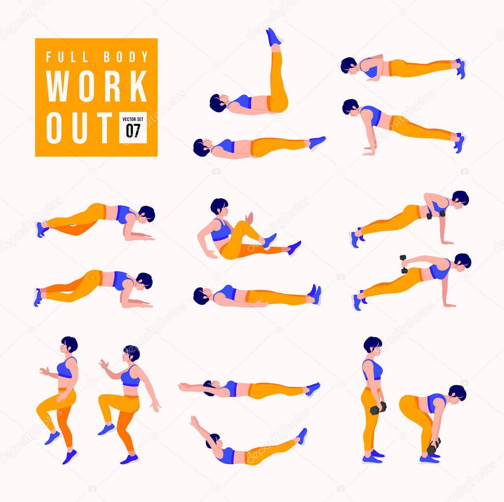 Full Body Workout Set. Women doing fitness and yoga exercises. Lunges, Pushups, Squats, Dumbbell rows, Burpees, Side planks, Situps, Glute bridge, Leg Raise, Russian Twist, Side Crunch .etc