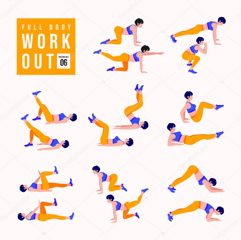 Full Body Workout Set. Women doing fitness and yoga exercises. Lunges, Pushups, Squats, Dumbbell rows, Burpees, Side planks, Situps, Glute bridge, Leg Raise, Russian Twist, Side Crunch .etc