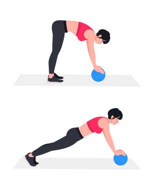 Kadın ilaç topuyla egzersiz yapıyor. Akciğerler, şınav, Squats, Dumbbell sıraları, Burpee, Side tahta, Situp, Glute köprüsü, Leg Raise, Russian Twist, Side Crunch .vs.