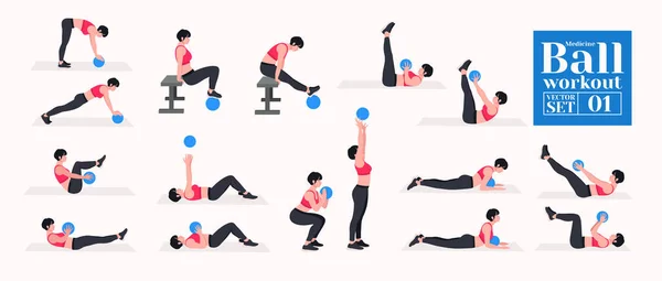 Medizinball Workout Set Vorhanden Frau Macht Übungen Mit Medizinball Lunges — Stockvektor
