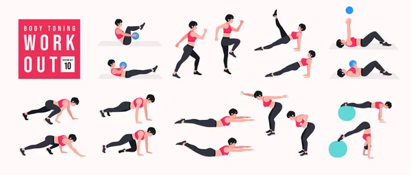 Vücut Tonlama Egzersizi. Kadınlar spor yapıyor, yoga yapıyor. Akciğerler, şınav, Squats, Dumbbell sıraları, Burpee, Side tahta, Situp, Glute köprüsü, Leg Raise, Russian Twist, Side Crunch .vs.