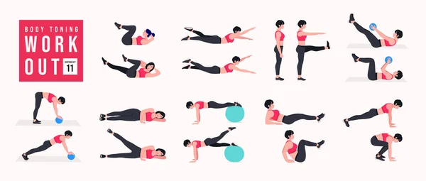 Vücut Tonlama Egzersizi. Kadınlar spor yapıyor, yoga yapıyor. Akciğerler, şınav, Squats, Dumbbell sıraları, Burpee, Side tahta, Situp, Glute köprüsü, Leg Raise, Russian Twist, Side Crunch .vs.