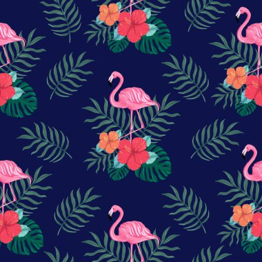Beyaz arka planda Hibiscus çiçeği, flamingo kuşu, palmiye yaprakları ve canavar yapraklarıyla kusursuz tropikal desenler. Soyut tropikal yaz dokusu