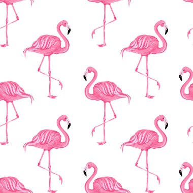 Beyaz arka planda pembe flamingoları olan güzel, kusursuz tropikal vektör deseni. Soyut yaz dokusu. vektör çizimi