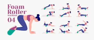 Köpük Pateni Egzersizi. Kadınlar egzersiz vektörü kümesi. Kadınlar spor yapıyor, yoga yapıyor. Akciğerler, şınav, Squats, Dumbbell sıraları, Burpee, yan tahtalar, Kalça köprüsü, bacak yükseltme, Rus Twist .vs.