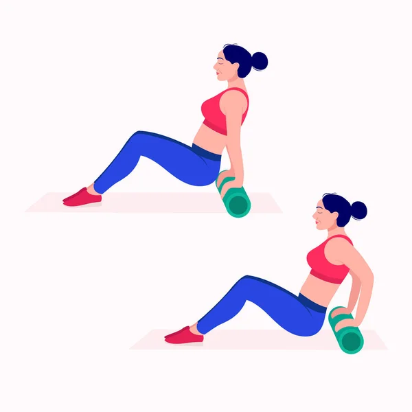 泡沫滚筒运动 女性运动向量集 与泡沫滚筒一起做健身和瑜伽运动的妇女 — 图库矢量图片