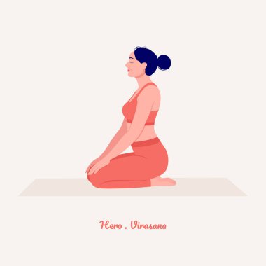 Kahraman - Virasana. Yoga yapan genç bir kadın. Kadın spor, aerobik ve egzersizler. Vektör İllüstrasyonu.