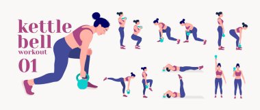 Köpük Pateni Egzersizi. Kadınlar egzersiz vektörü kümesi. Kadınlar spor yapıyor, yoga yapıyor. Akciğerler, şınav, Squats, Dumbbell sıraları, Burpee, yan tahtalar, Kalça köprüsü, bacak yükseltme, Rus Twist .vs.