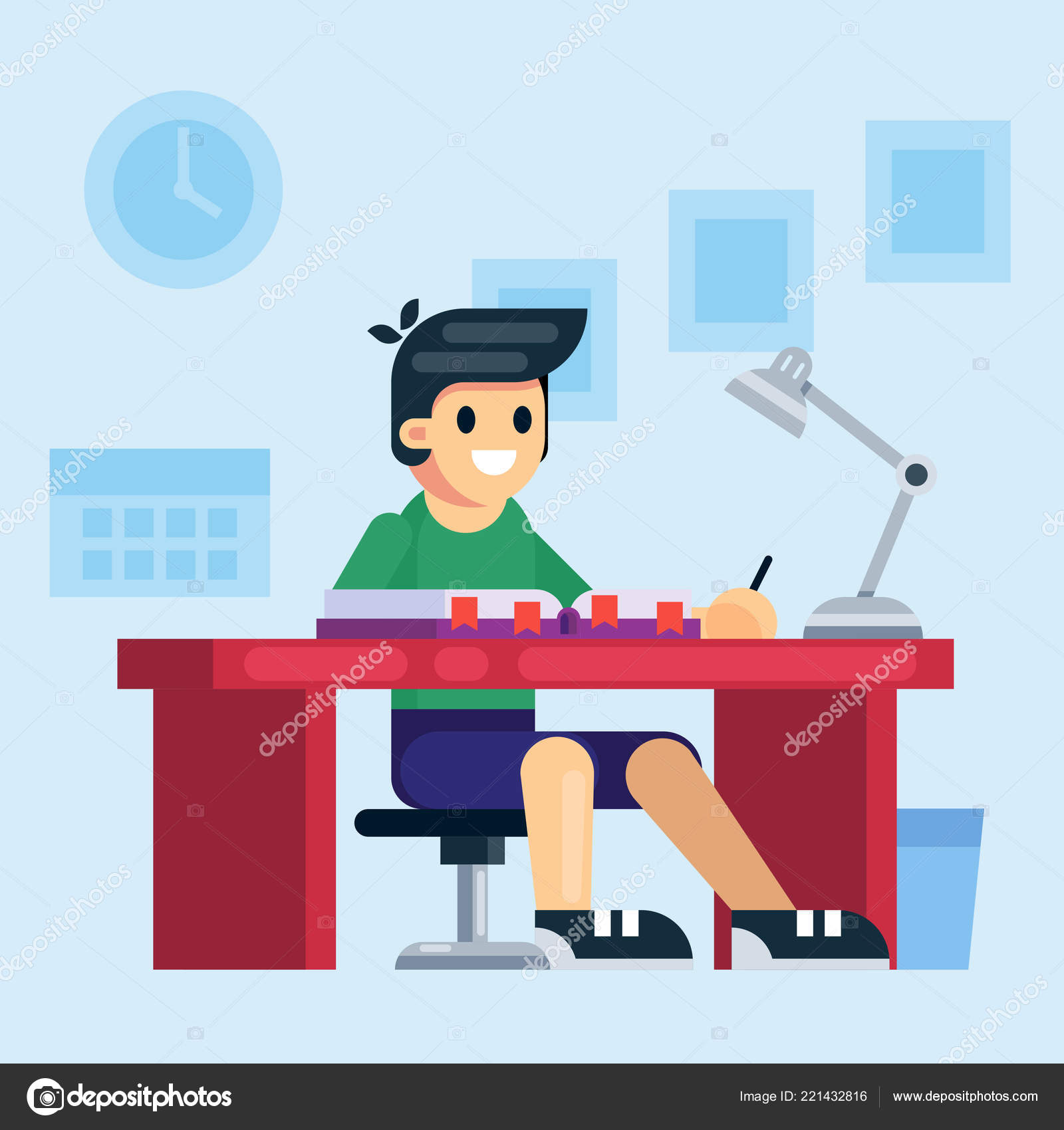Cartoon Kid Sitting At Desk Student School Or Preschool Kid Boy