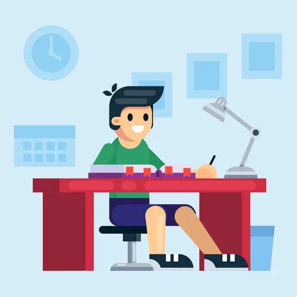 Student, school or preschool kid boy studying sitting at child desk. Flat style cartoon vector illustration. — Stock Vector