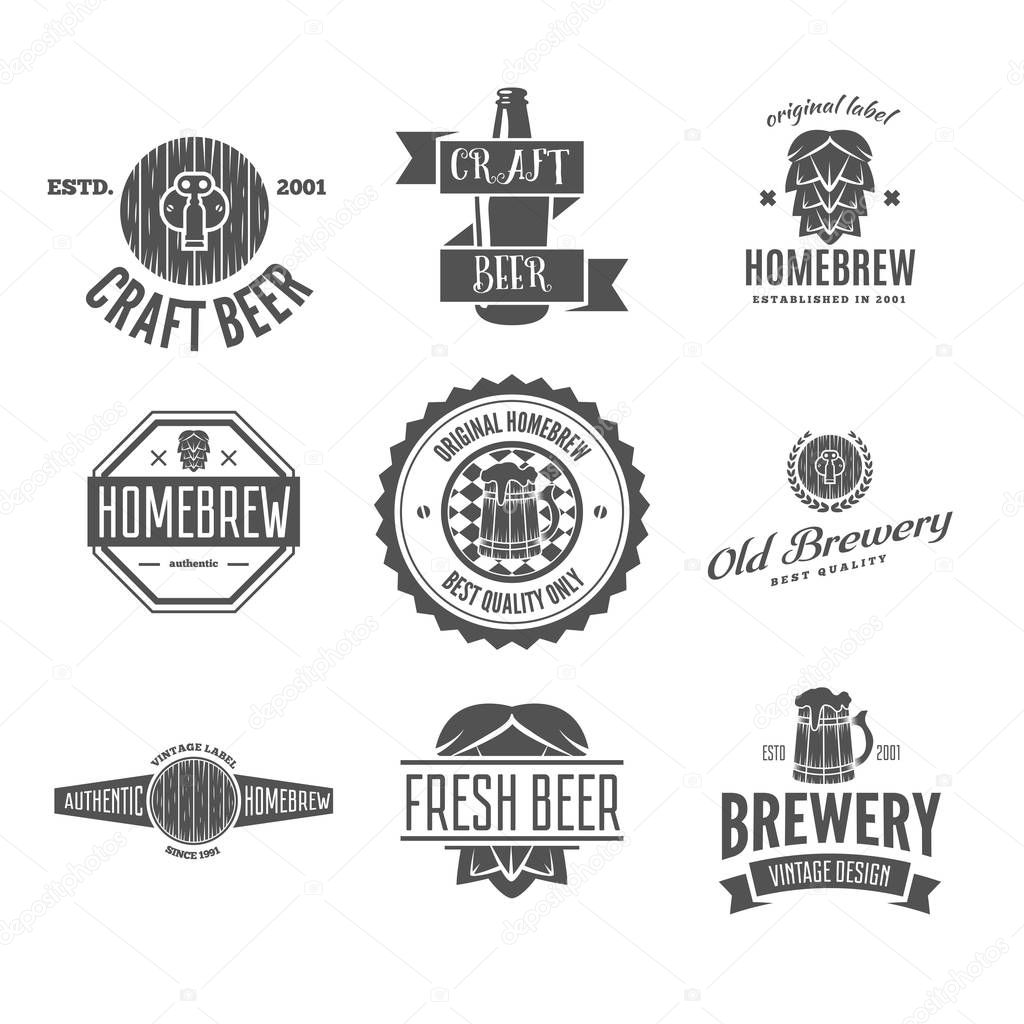 Set of vintage logo, badge, emblem or logotype elements for beer, shop, home brew, tavern, bar, cafe and restaurant