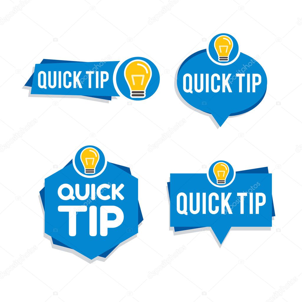 Quick tips logo, icon or symbol set with different colors and lightbulbs suitable for web or documents. Vector illustration flat style