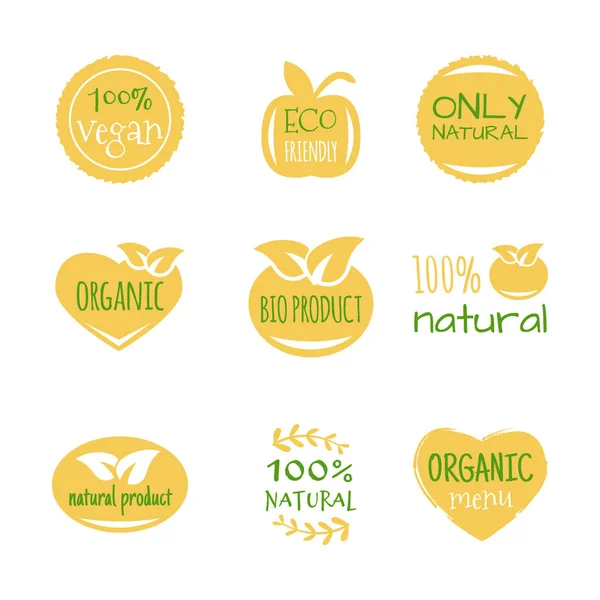 Öko-Lebensmittel, Bio-Produkte, umweltfreundlich, vegane Symbole, Ökologie. Set von Vektor-Logo-Designelementen — Stockvektor