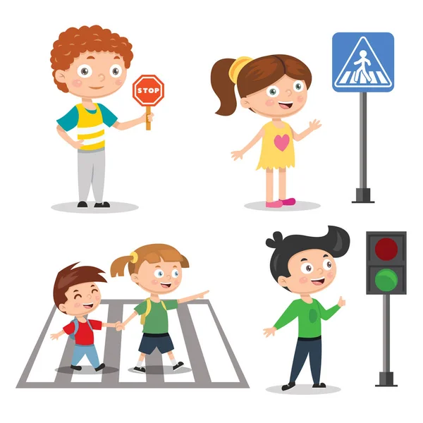 Conjunto de crianças que ensinam segurança rodoviária. Sinal de semáforo com indicadores de ir e parar . Vetor De Stock