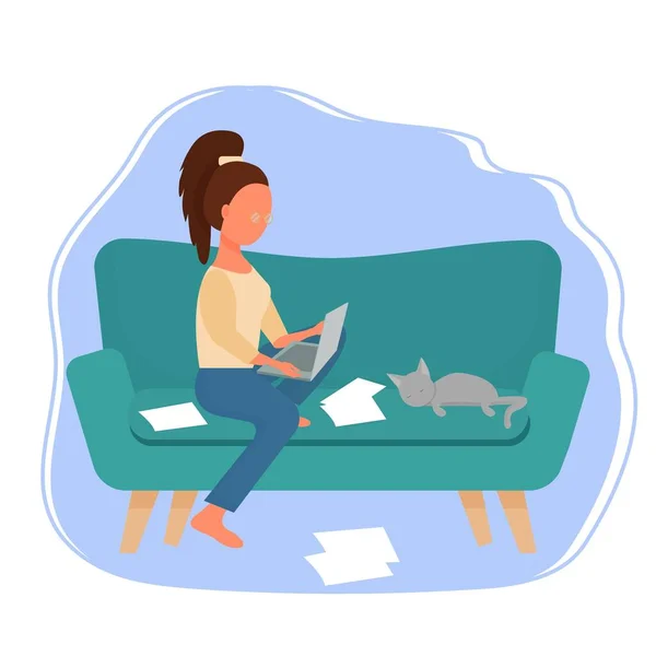 Femme Assise Sur Canapé Travaillant Avec Ordinateur Portable Illustration Vectorielle — Image vectorielle