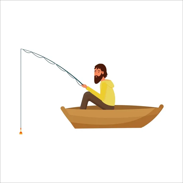 Pescador Sentado Barco Con Equipo Aislado Fondo Blanco Vector Ilustración — Vector de stock