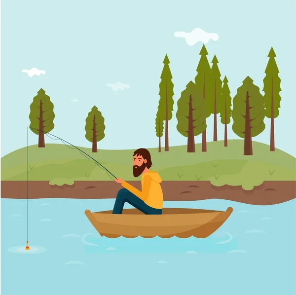 Fisherman Sitting Boat Nature Landscape Relaxing Patience Lifestyle Stock Vector — Stock Vector