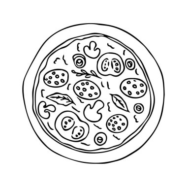 Elle çizilmiş pizza, yuvarlak şekilli, beyaz arkaplan vektör illüstrasyonunda izole edilmiş.