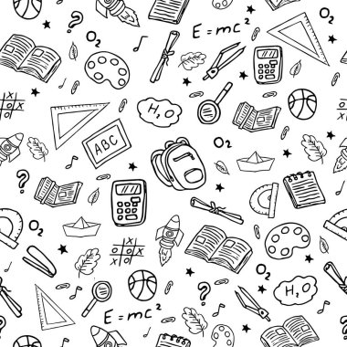 Okula geri dön, kusursuz desen. Okul malzemeleri ve yaratıcı unsurlarla el yazısı. Vektör illüstrasyonu.