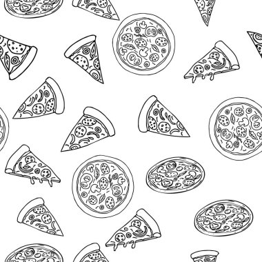 Farklı dizaynlı, kusursuz elle çizilmiş bir pizza. Karalamalar Yiyecek arkaplan vektör çizimi. 