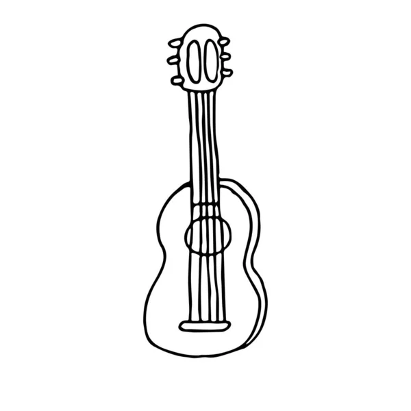 Acoustic hand drawn guitar in doodle style isolated on white background, contour clipart stock vector illustration — Stock Vector