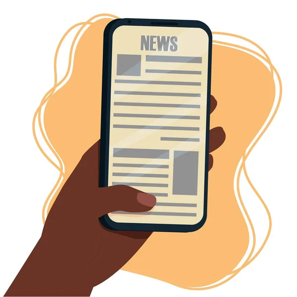 Reading news on screen of smartphone. Hand Afro-American ethnic holding mobile phone. Breaking news, online application stock vector illustration — Stock Vector