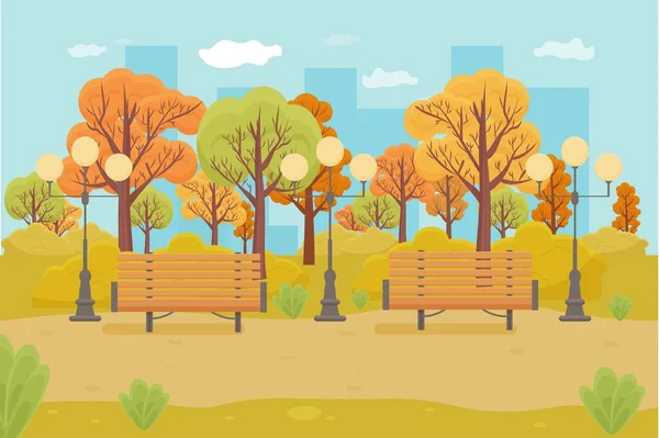 Ciudad otoño parque, paisaje. Banco y linterna y muchos árboles caídos. Ilustración de vectores de paisaje exterior . — Vector de stock