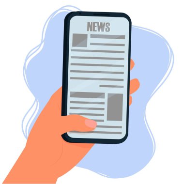 Akıllı telefon ekranından haberleri okuyorum. Beyaz arkaplan vektör illüstrasyonunda el ele tutuşan cep telefonu izole bileşimi