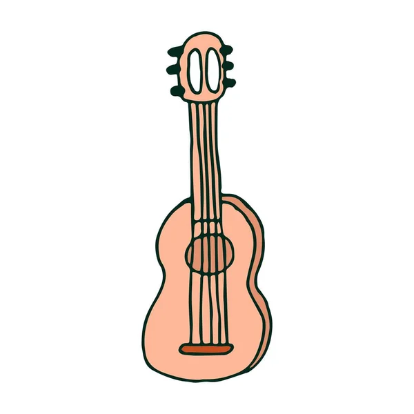 Akustyczna Ręka Rysowane Gitara Stylu Doodle Izolowane Białym Tle Kontur — Wektor stockowy