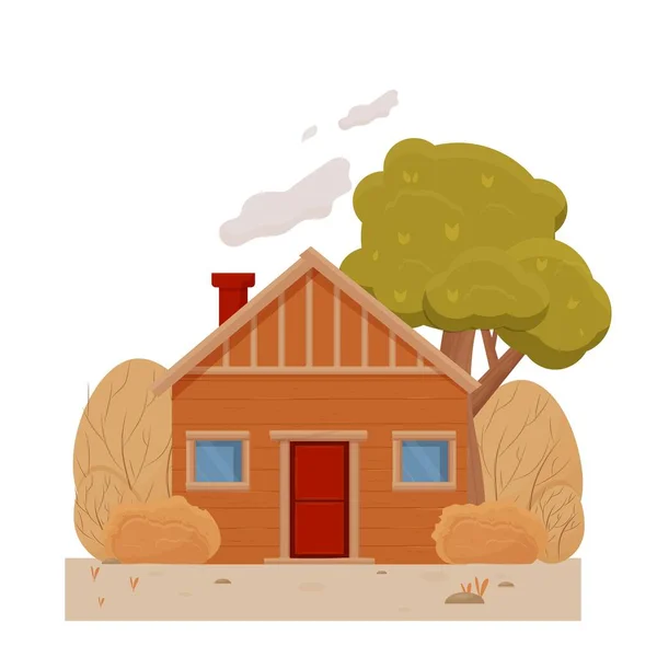 Pequeña Casa Madera Bosque Otoño Paisaje Rural Stock Vector Ilustración — Archivo Imágenes Vectoriales