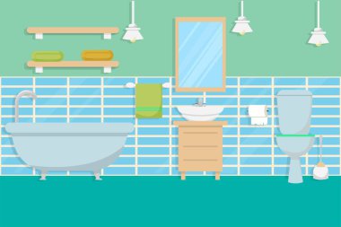 Düz stil Vector illüstrasyonlu mobilyalarla banyo içi. Mobilyalarla, dekorasyonlarla parlak, renkli kompozisyon. 