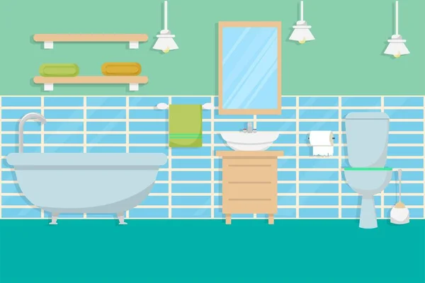Fürdőszoba Belső Bútorok Lapos Stílusú Állomány Vektor Illusztráció Fényes Színes — Stock Vector