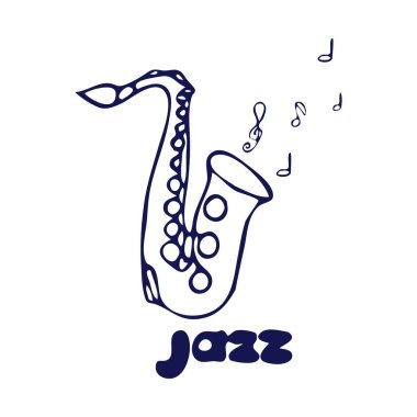 Saksafon karalama el çizimi ve beyaz arka planda izole edilmiş caz metni. Contour nesnesi, element vektör kümesi. Vektör illüstrasyonu