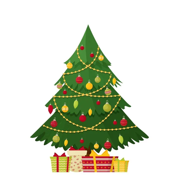 漫画スタイルのストックベクトルイラストでお祭り騒ぎクリスマスツリー 白い背景に孤立した緑のモミの木を飾る あけましておめでとうございます — ストックベクタ