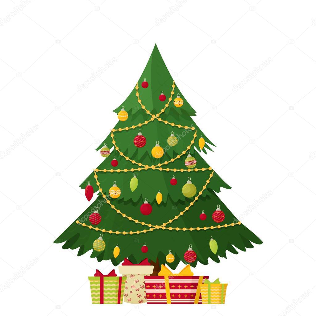 Festive Christmas tree in cartoon style stock vector illustration. Decorated green fir-tree isolated on white background. Happy New Year concept