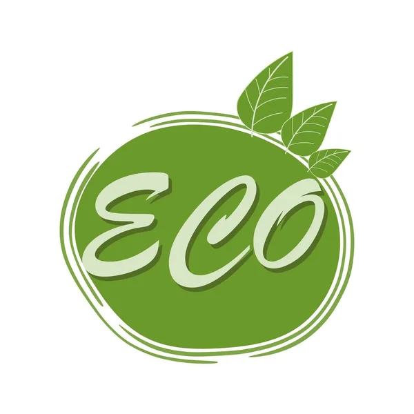 Öko-Stempel, Symbol, Logo in grüner Farbe, kreativ isoliert auf weißem Hintergrund Vektor-Illustration. Text Eco mit Dekorationen, Blättern. — Stockvektor