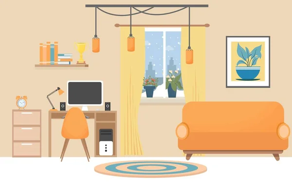 Interior Moderno Colores Brillantes Con Lugar Trabajo Ordenador Lámpara Sofá — Vector de stock