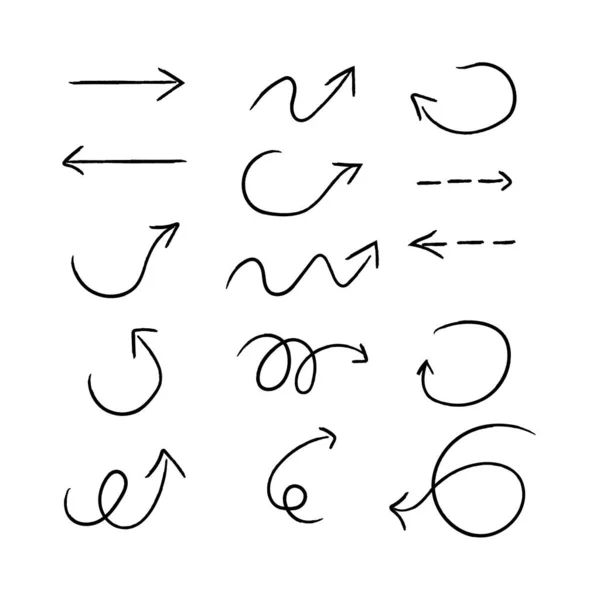 セット 手描きスタイルで黒のシンプルな矢印をバンドル 方向のドア記号 白い背景のストックベクトルのイラストに隔離されたシンボル — ストックベクタ