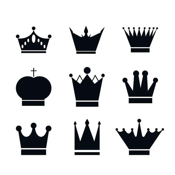 Комплект Коллекция Черных Корон Изолированы Белом Фоне Иконка Логотип Элемент — стоковый вектор