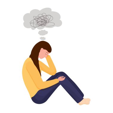 Beyaz arka planda kötü düşüncelerle oturan üzgün, mutsuz genç bir kadın. Psikoloji, depresyon, duygusal stres. Düz vektör illüstrasyonu.